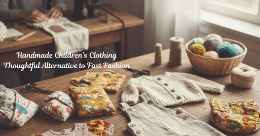 Handmade children's clothing flat lay on a wooden table, including a knitted cardigan, linen dungarees, and colorful cotton baby items with playful prints, illustrating slow fashion.