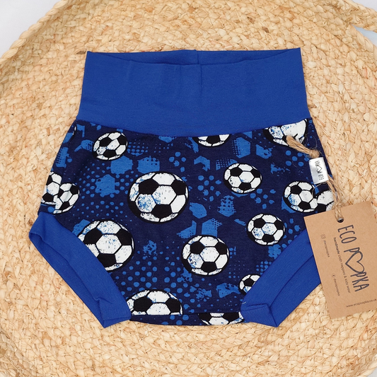 Eco Poopka handmade football print bummies – soft cotton summer baby shorts designed to fit over cloth nappies for comfort and style.