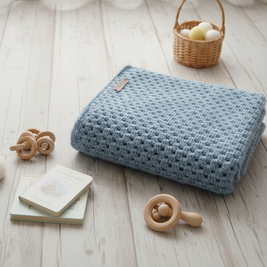 Blue Merino Wool Baby Blanket - gift box