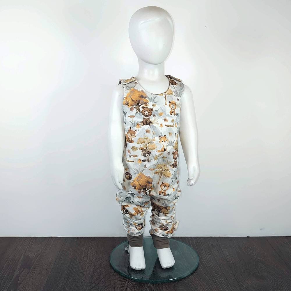 Mannequin wearing kids romper with Forest Animals print