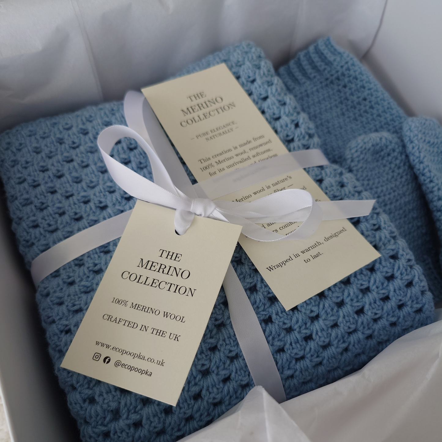 Blue Merino Wool Baby Blanket - gift box