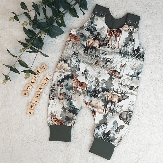 Baby romper - dungarees style with shoulder snap buttons and mountain forest animals print