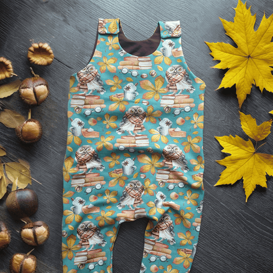 Petrol blue baby dungarees with charming owl print, ideal for stylish and comfy everyday wear, overview